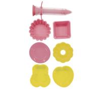 Fackelmann 44896 Set de 7 ustensiles de pâtisserie avec stylo de décoration, mini moules, kit enfant, moule fantaisie, seringue pâtisserie, Silicone, Thermoplastique, Rose, Jaune, De 5,3 cm à 12 cm