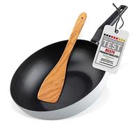 Fackelmann Lot de 2 poêles wok Balance 30 cm anti-adhésives en aluminium 90% recy vec poignée ergonomique en plastique et spatule de 30 cm Passe au lave-vaisselle en bois d'olivier