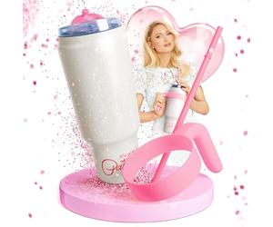 FACKELMANN Paris Hilton Gourde en acier inoxydable avec poignée en plastique et paille - 1,1 l, double paroi isolée, poignée amovible - Blanc/rose