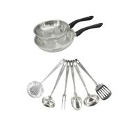Set 2 poêles 20 et 24 cm en inox et 6 ustensiles inox Fackelmann Geneva Inox|Noir