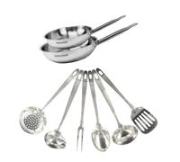 Fackelmann Set 2 poêles inox 20 et 24 cm avec 6 ustensiles inox | Inox 18 8 pour saisir et dorer, 20 et 24 cm, Induction gaz vitro four, Passe au lave vaisselle, Sans PFAS