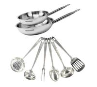 Set de 2 poêles de 24 et 28 cm en inox et 6 ustensiles inox Fackelmann Eterna