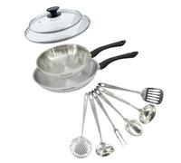 Fackelmann Set 2 poêles inox 24 et 28 cm, couvercles et 6 ustensiles inox | Cuisson complète, Deux poêles 24 et 28 cm, Inox 18/8, Couvercles verre, 6 ustensiles, Tous feux induction, Sans PFAS