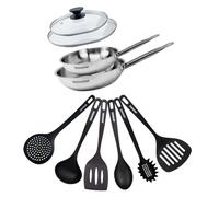 Set de 2 poêles de 20 et 24 cm en inox, 2 couvercles en verre et 6 ustensiles Fackelmann Eterna