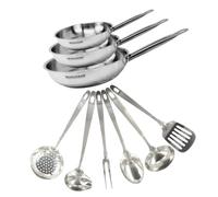 Fackelmann Set 3 poêles inox avec 6 ustensiles inox 20, 24 et 28 cm | 3 formats utiles, Inox acier 18/8, Cuisson homogène, Tous feux dont induction, Manche riveté, Sans PFAS