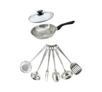 Fackelmann Set poêle inox 20 cm, couvercle verre et 6 ustensiles inox | Cuisson et service réunis, Poêle inox 20 cm avec couvercle verre, 6 ustensiles inox, Tous feux induction four, Sans PFAS