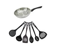 Fackelmann Set poêle inox 24 cm avec 6 ustensiles RPET | Cuisson uniforme, Inox 18/8, Format 24 cm, Tous feux dont induction, 6 ustensiles inclus, Sans PFAS