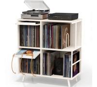 Faesun Support de tourne-disque à 3 niveaux avec étagère rabattable - Blanc | Support de rangement pour disques vinyles pouvant contenir jusqu'à 300 albums, plateau tournant avec affichage d'album