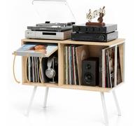 Faesun Support pour tourne-disque avec étagère rabattable en chêne | Plateau de rangement pour disques vinyles pouvant contenir jusqu'à 150 albums, plateau tournant avec affichage d'album