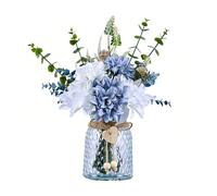 Fafeicy Fleurs Artificielles avec Vase en Tissu Imitation Bleu Blanc, Arrangement Floral avec Eucalyptus, Centre de Table en Verre, Anti-flétrissement, Anti-décoloration, pour Table à Manger,