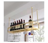 Failjierue Porte-Bouteille de vin Suspendu monté au Plafond de Cuisine | Casier verres vin 2 en 1 pour tasse et gobelet, hauteur de suspension réglable 30~60cm casier à vin en métal(Gold,60x25cm)