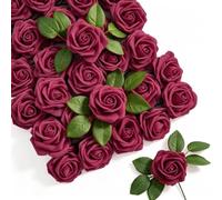 Fairblo 30 Pièces Fleurs Artificielles Roouge Blanc avec Tige et 6 Feuilles | Fausse Fleur en Mousse Tête de Fleur Artificielle Fausse Rose Décoration de Mariage Gâteau Saint Valentin Fêtes DIY