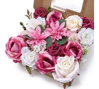 Fairblo Fleurs Artificielles Deco Mariage Fausse Fleurs Rose Foncé avec Tige et Feuille Grosse Tête de Fleur 7-13 cm Rose Dahlia Pivoine Artificielle en Soie pour DIY Bouquet Decoration Gateau Fêtes
