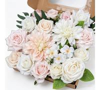 Fairblo Fleurs Artificielles Deco Mariage Fausse Fleurs Roses avec Tige et Feuille Grosse Tête de Fleur 6-14 cm Rose Dahlia Pivoine Artificielle en Soie pour DIY Bouquet Decoration Gateau Fêtes