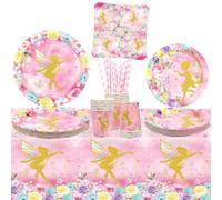 Fairy Party Supplies - Assiettes, gobelets, serviettes, nappes, pailles pour fête de princesse papillon pour 20 personnes (20)