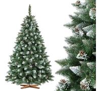 FairyTrees Sapin de Noël Artificiel 180cm | Arbre de Noël avec Support en Bois | PIN ENNEIGÉ Blanc Naturel | Made in EU