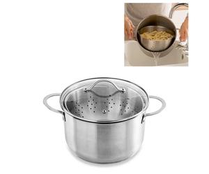 Faitout multifonction cuiseur vapeur et cuit pâtes avec panier passoire rotatif en inox et couvercle en verre 24 cm 6,7 L Mathon