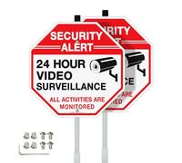 Faittoo Lot de 2 panneaux de sécurité vidéo surveillance avec piquet de | Lot de 2 en aluminium lourd antirouille, réfléchissant, résistant à la décoloration, 2 trous pré-percés