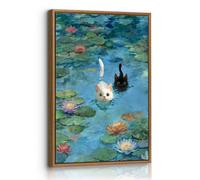FajerminArt Drôle Chat dans Nénuphar Tableau Decoration Murale Avec Cadre Monet Célèbre Floral Impression Sur Toile Vintage Humoristique Animal Affiche Peinture Decor Maison pour Salon Chambre 40X60cm