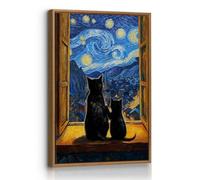 FajerminArt Van Gogh Nuit étoilée Avec Des Chats Tableau Decoration Murale Avec Cadre Animaux Rigolos Impression Sur Toile Chats Vintage Affiche Peinture Decor Maison pour Salon Chambre 30X40cm