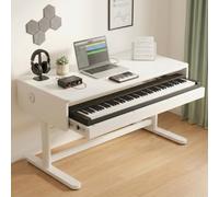Fakednss Bureau pour Studio de Musique avec Plateau Coulissant pour Clavier, Bureau Réglable en Hauteur avec Étagère, pour Clavier MIDI, Piano Numérique et Home Setup(White,143 * 60cm)