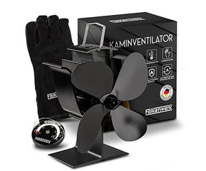 FALKENWERK Ventilateur de poêle sans électricité avec thermomètre de cheminée et gant de four - Ventilateur de cheminée silencieux - Ventilateur alimenté par la chaleur pour cheminée - Ventilateur de