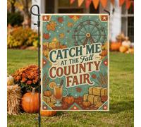 Fall County Fair Drapeau de jardin grande roue 30,5 x 45,7 cm | Thème récolte d'automne, drapeau de cour, graphique de cidre épicé, accents rustiques de balle de foin