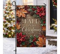 Fall To Christmas Drapeau de jardin avec citation saisonnière Feuilles | Texture en bois rustique, drapeau de cour, accents floraux poinsettia, décorations de pommes de pin, thème de transition