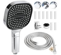 FALSKT Pommeau de douche anti calcaire avec Tuyau 2m Pommeau de douche haute pression avec 3 modes douchette douche salle de bain pommeau douche Carré grand, 8 filtre, Support de Douche(argent)