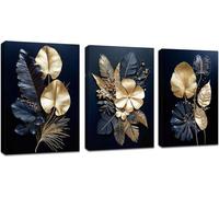 Famanu, ensemble de 3 tableaux décoratifs, bleu marine et or, avec des motifs de fleurs et de feuilles de cocotier, dimensions : 30 x 40 cm