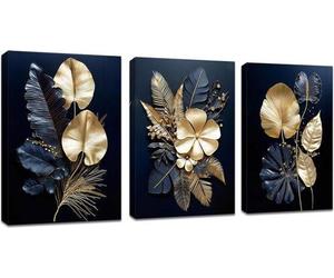 Famanu, ensemble de 3 tableaux décoratifs, bleu marine et or, avec des motifs de fleurs et de feuilles de cocotier, dimensions : 30 x 40 cm