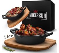 Famanu Gusseisen : Lot de 2 petites poêles de cuisson, avec supports en bois d'acacia. Diamètre : 11 cm. Livré avec un livre de recettes. Pré-assaisonné