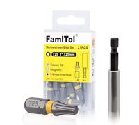 FamlTol 20 Pièces T25 Embout Torx 25mm con 1 Portapuntas Magnético | Acier S2, Longueur 25mm, Emmanchement Hexagonal 1/4", Avec Porte-Embout, Pour Auto et Électronique