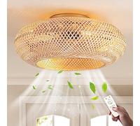 Fan Plafonnier E27 Rétro Ventilateurs de plafond avec Lumière et Télécommande Silencieux Lamp Pendentif Tissage Bambou Et Rotin Naturel Tissé Lampe de Plafond pour Salon Chambre Salle à Manger Lumière
