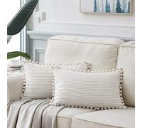 Fancy Homi Lot de 2 Housses de Coussin décoratives carrées de Style bohème avec Pompons en Velours côtelé uni et Doux, pour Salon, canapé, Sofa, Chambre à Coucher, Voiture (30 x 50 cm, Blanc crème)