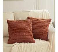 Fancy Homi Lot de 2 Housses de Coussin décoratives carrées en Velours côtelé Doux à Rayures pour Salon, canapé, lit, Sofa, 45 x 45 cm, Terre Cuite, décoration d'intérieur, Couleur Rouille