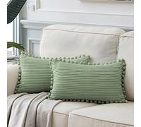 Fancy Homi Lot de 2 Housses de Coussin Lombaire décoratives rectangulaires avec Pompons, en Velours côtelé uni et Doux, canapé, Sofa, Chambre, Voiture, Salon, 30 x 50 cm, Vert Sauge