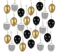 Fancysky 24x Oeufs de Pâques à Suspendre 4 cm, Oeufs de Paques à Suspendre, Œufs de Pâques en Plastique avec Corde, Décorations de Printemps, Noir, Blanc & Or Extérieur