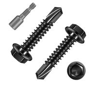 FandWay Lot de 100 vis autotaraudeuses pour acier, M4,2 x 19 mm, vis autoperceuses pour métal, vis Tek à tête hexagonale en acier inoxydable 410, revêtement noir, pour aluminium, bois, plastique.