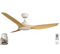 Fanelite - Brasseur d'air 132 cm blanc et bois LONGANA - Moteur DC 35W - Double éclairage LED (inférieur et supérieur) - Télécommande - Wifi - Contrôles vocaux - 3 pales - Très silencieux