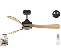Fanelite - Brasseur d'air 132 cm noir et bois MANIHI - Moteur DC 35W - Double éclairage LED (inférieur et supérieur) - Télécommande - Wifi - Contrôles vocaux - 3 pales - Très silencieux