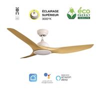 Fanelite - Ventilateur de plafond 132 cm blanc et ABS imitation bois LONGANA - Moteur DC 35W - LED 20W 3 couleurs + LED SUPERIEURE
