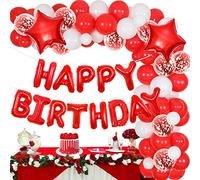 Fangleland Ballons rouges et blancs Décorations de fête d'anniversaire pour homme et femme Kit d'arche de ballons avec bannière Happy Birthday ballons confettis en latex et ballons en forme d'étoile
