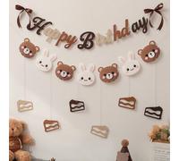 Fanions d'anniversaire vintage avec ours et lapin, décor de fête, gâteau, cadeaux, ornements suspendus en peluche Style boule de poils,Ours Fraise,Ours en cadeau,Petit Ours et Petit LapinPolyester