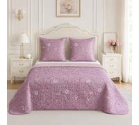 Fanny & Céline Boutis Matelassé Floral 220x240 cm avec 2 Taies 65x65 cm - Couvre-Lit Microfibre Douce - Lavable à 30°C - Rose Poudré Parme - 3 Pièces_B-1-1003