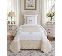 Fanny & Céline Couvre-lit Boutis en Coton 180x240 cm avec Taie 65x65 cm - Élégance Française, Matelassage Raffiné, Finition Brodée, Teinte Ivoire - Lit Simple 90/120 - Peaceland Lin