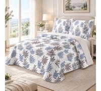 Fanny & Céline Couvre-lit Boutis Épais Matelassé Feuilles Bleu et Gris 220x240 cm + 2 Taies M23-6085