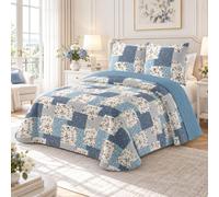 Fanny & Céline Couvre-Lit Boutis Épais Patchwork Bleu Matelassé en Microfibre 220x240 cm avec 2 Taies 65x65 M23-6016