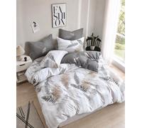 Fanny & Céline Parure de Lit en Pur Coton Percale 80 Fils, Housse de Couette 240 x 220 cm avec 2 Taies 65 x 65 cm, Motifs Fougères Naturelles Gris Beige, Style Scandinave et Campagne Chic_FC-77