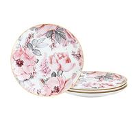 fanquare 20cm Bone China Assiette à Salade avec Bord Doré, Rose Floral Bols à Pâtes Set de 4, Assiette à Dessert en Porcelaine, Assiette à Déjeuner Britannique